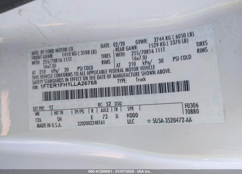 2020 FORD RANGER VIN: 1FTER1FH1LLA26768