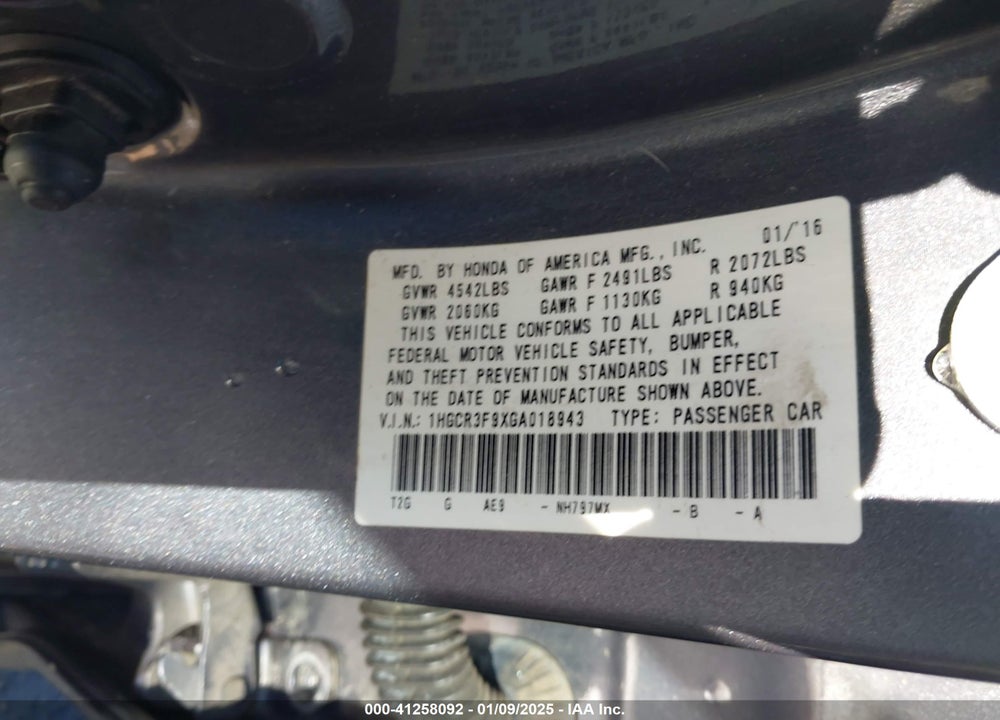 2016 HONDA ACCORD SEDAN VIN: 1HGCR3F9XGA018943