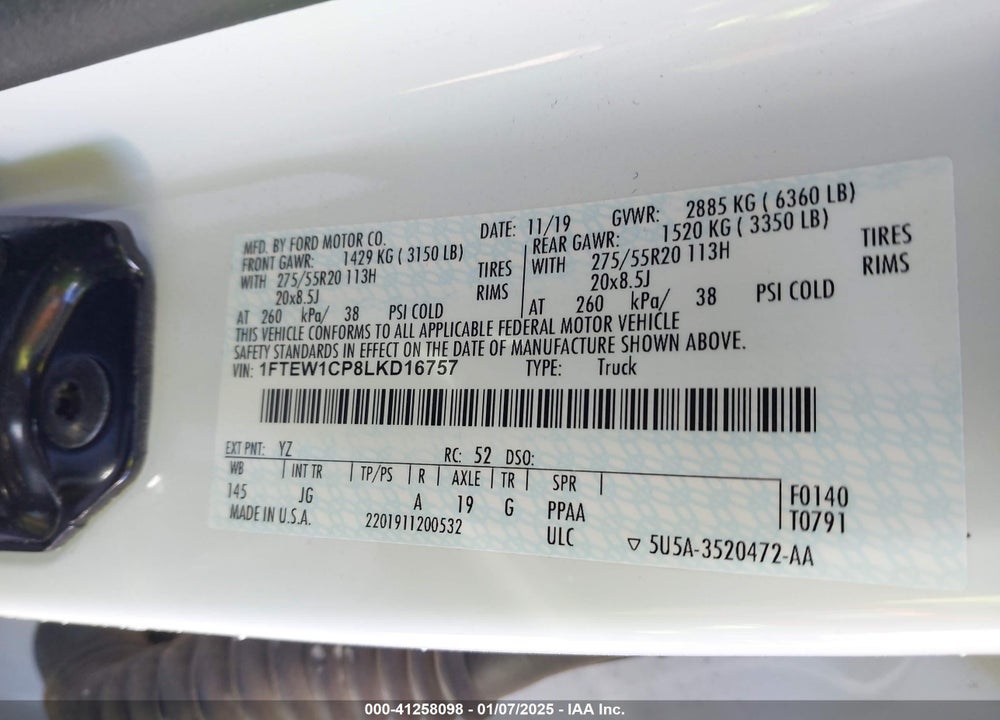 2020 FORD F-150 VIN: 1FTEW1CP8LKD16757
