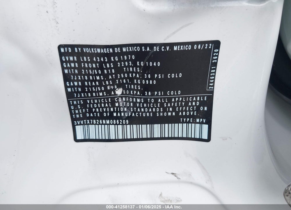 2022 VOLKSWAGEN TAOS VIN: 3VVTX7B26NM086209