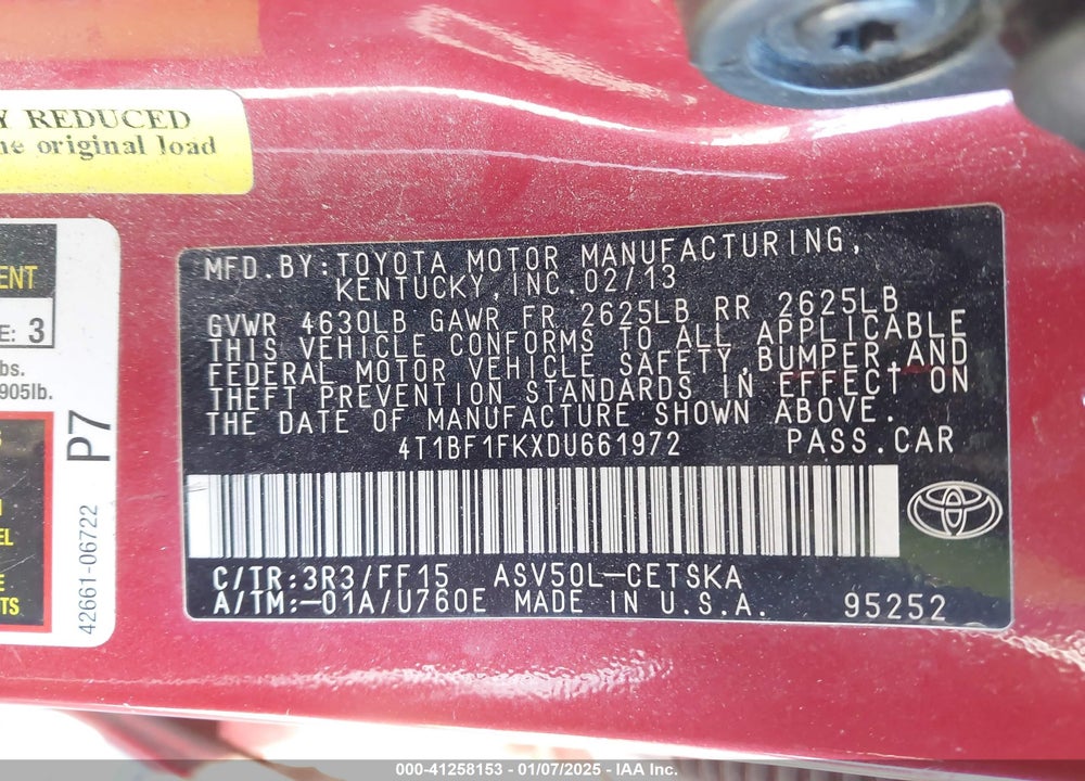 2013 TOYOTA CAMRY VIN: 4T1BF1FKXDU661972
