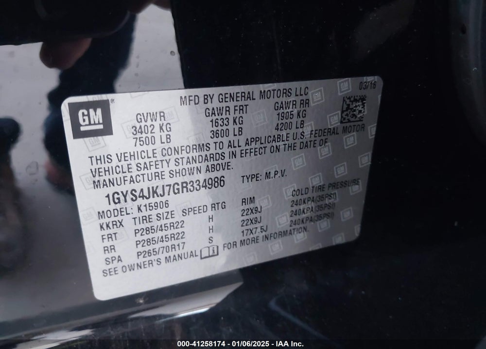 2016 CADILLAC ESCALADE ESV VIN: 1GYS4JKJ7GR334986
