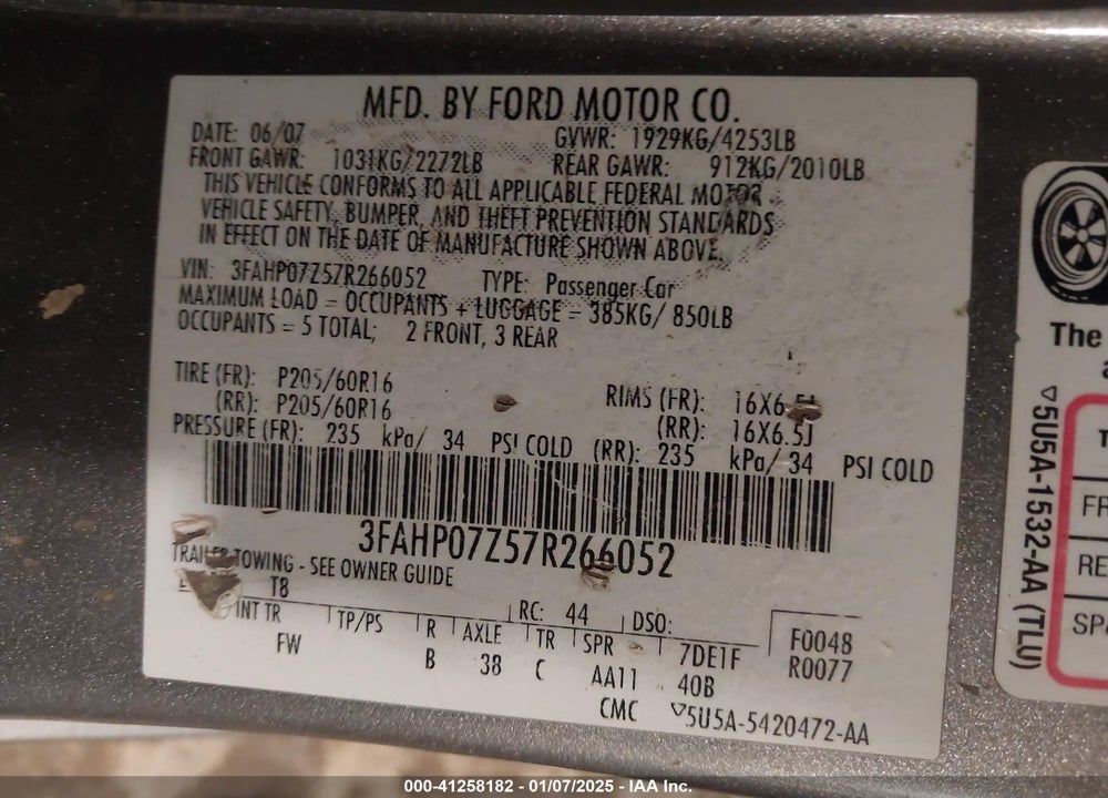 2007 FORD FUSION VIN: 3FAHP07Z57R266052