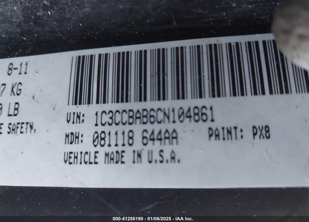2012 CHRYSLER 200 VIN: 1C3CCBAB6CN104861