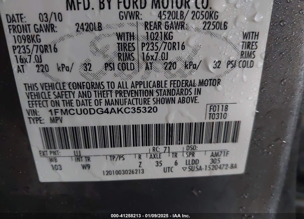 2010 FORD ESCAPE XLT VIN: 1FMCU0DG4AKC35320