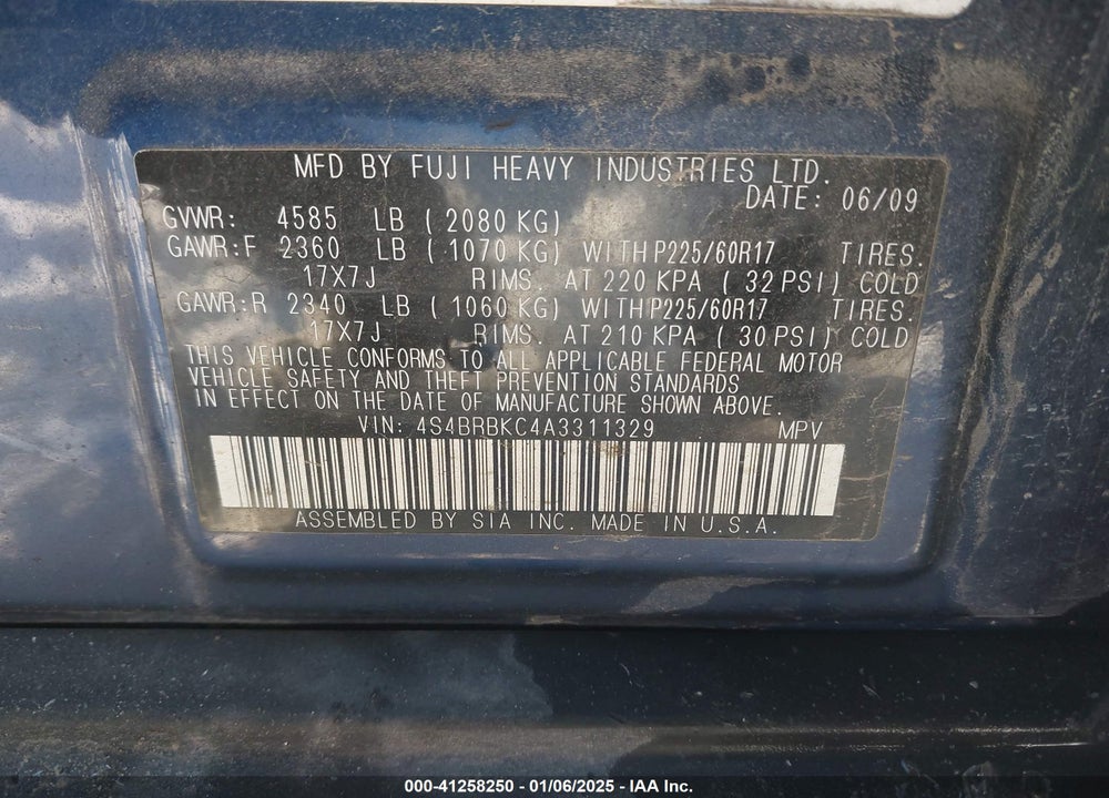 2010 SUBARU OUTBACK 2.5I LIMITED VIN: 4S4BRBKC4A3311329