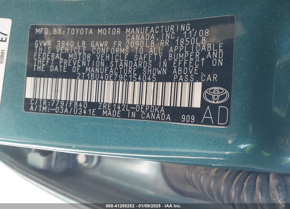 2009 TOYOTA COROLLA VIN: 2T1BU40E79C154045