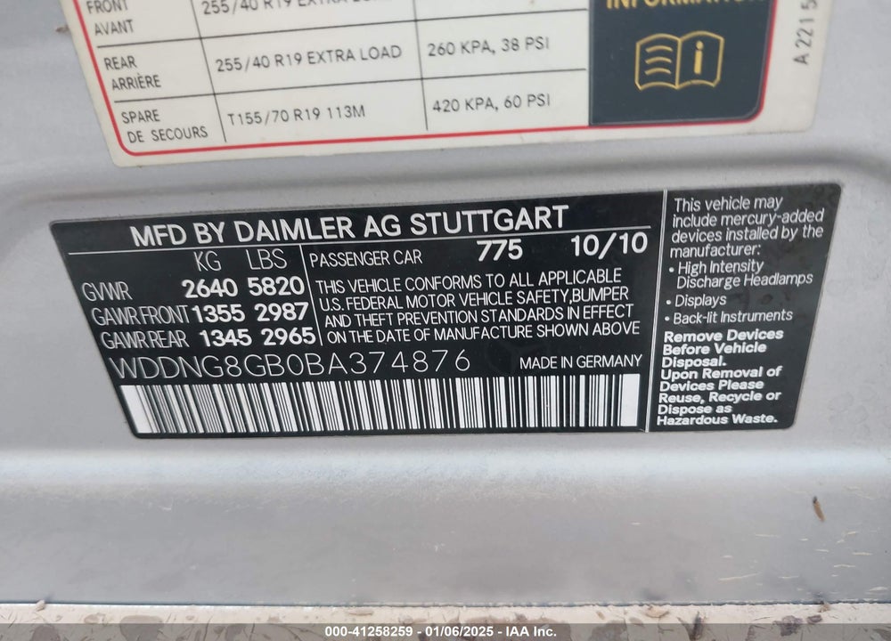 2011 MERCEDES-BENZ S 550 4MATIC VIN: WDDNG8GB0BA374876