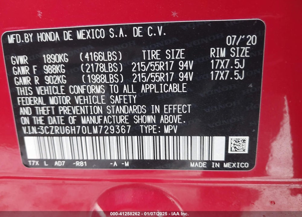 2020 HONDA HR-V AWD EX-L VIN: 3CZRU6H70LM729367