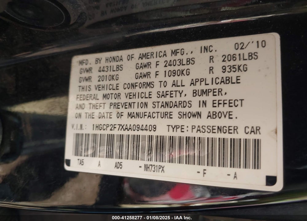 2010 HONDA ACCORD 2.4 EX VIN: 1HGCP2F7XAA094409