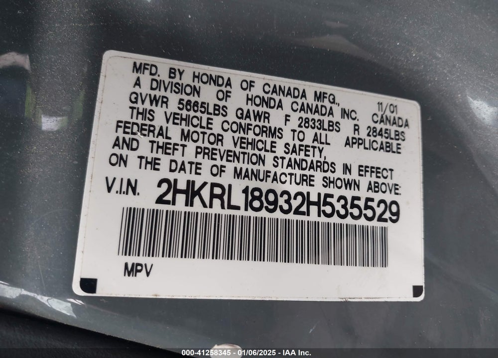 2002 HONDA ODYSSEY EX-L VIN: 2HKRL18932H535529
