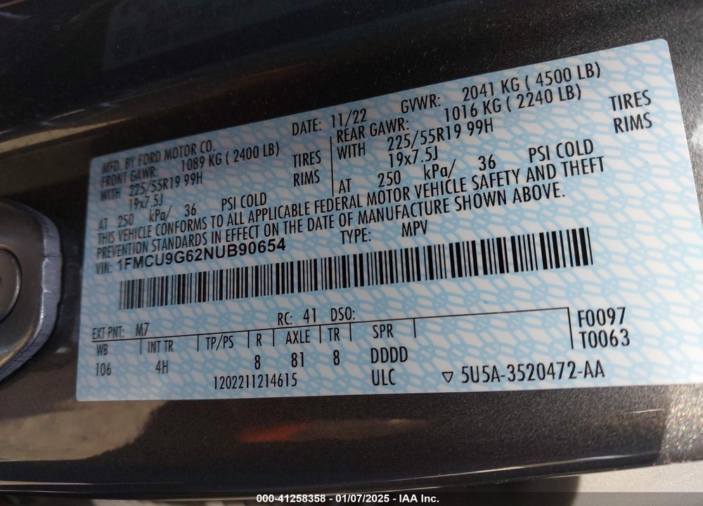 2022 FORD ESCAPE SE VIN: 1FMCU9G62NUB90654