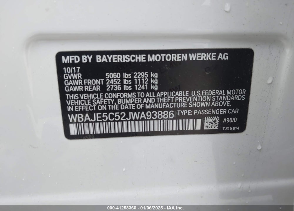 2018 BMW 540I VIN: WBAJE5C52JWA93886