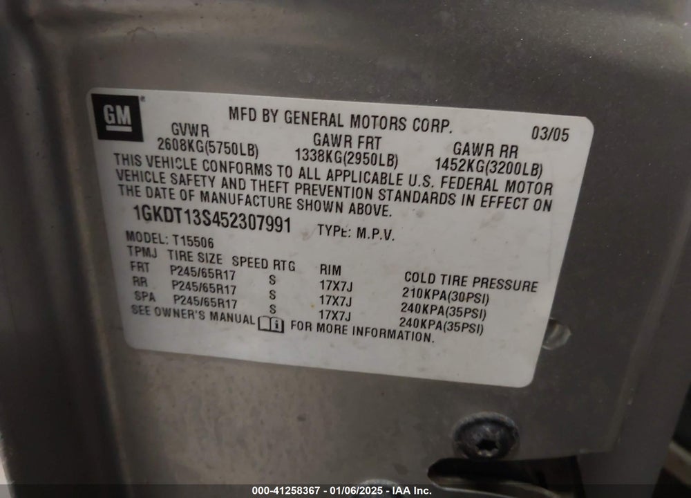 2005 GMC ENVOY SLE VIN: 1GKDT13S452307991