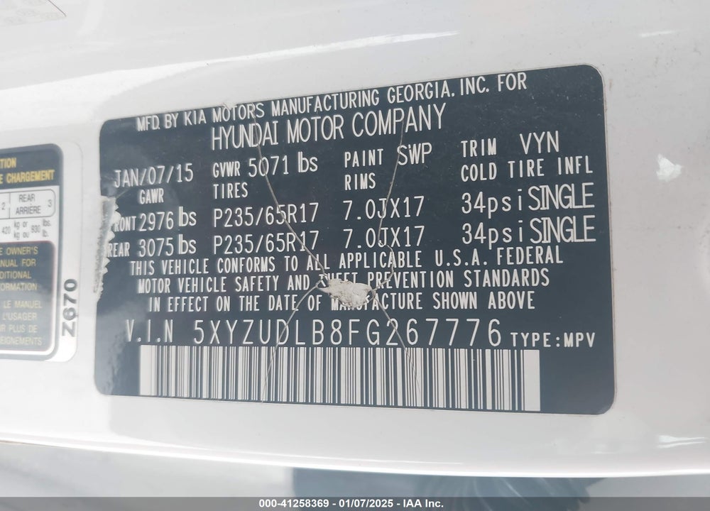 2015 HYUNDAI SANTA FE SPORT 2.4L VIN: 5XYZUDLB8FG267776