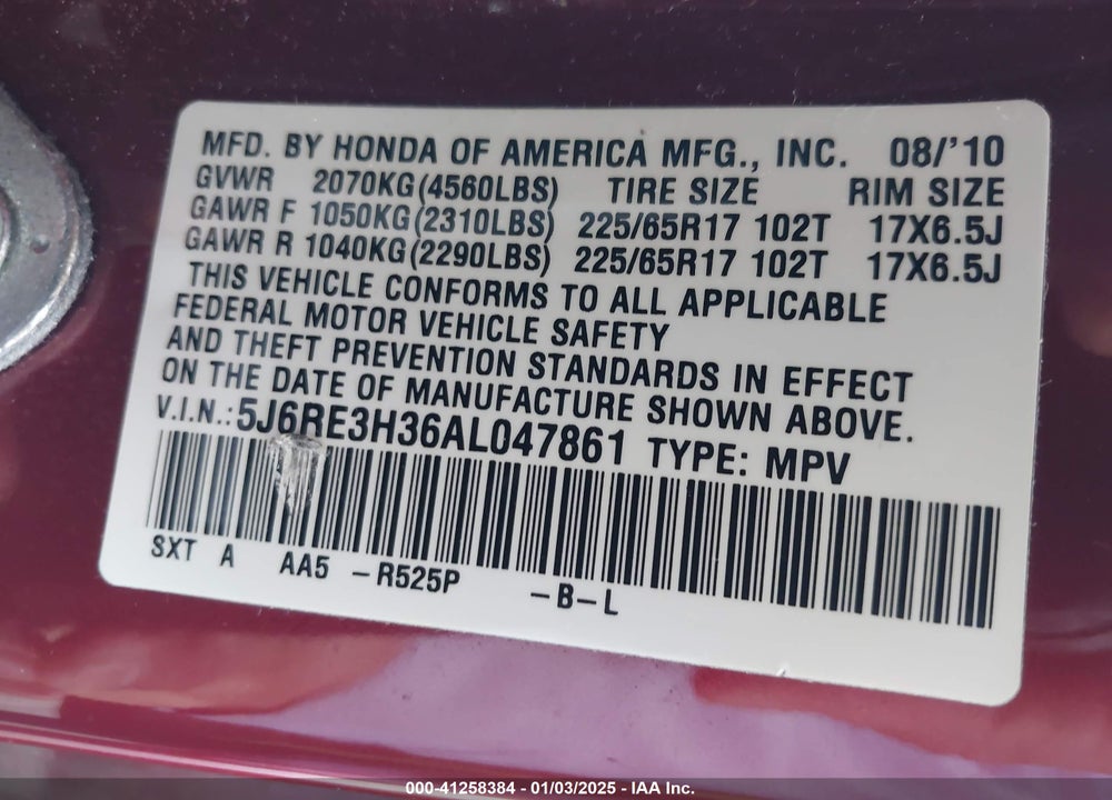 2010 HONDA CR-V LX VIN: 5J6RE3H36AL047861