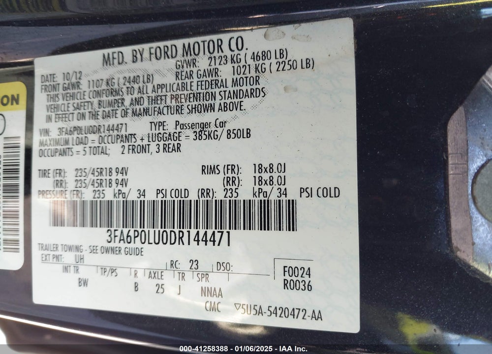 2013 FORD FUSION HYBRID VIN: 3FA6P0LU0DR144471