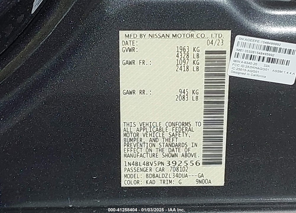 2023 NISSAN ALTIMA S FWD VIN: 1N4BL4BV5PN392556
