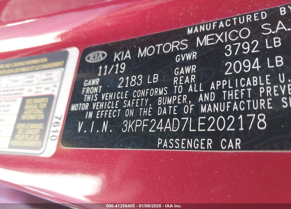 2020 KIA FORTE VIN: 3KPF24AD7LE202178