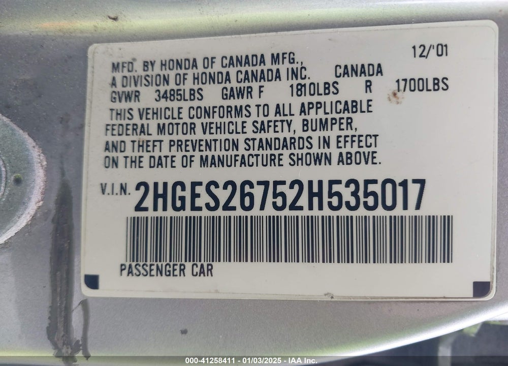 2002 HONDA CIVIC EX VIN: 2HGES26752H535017