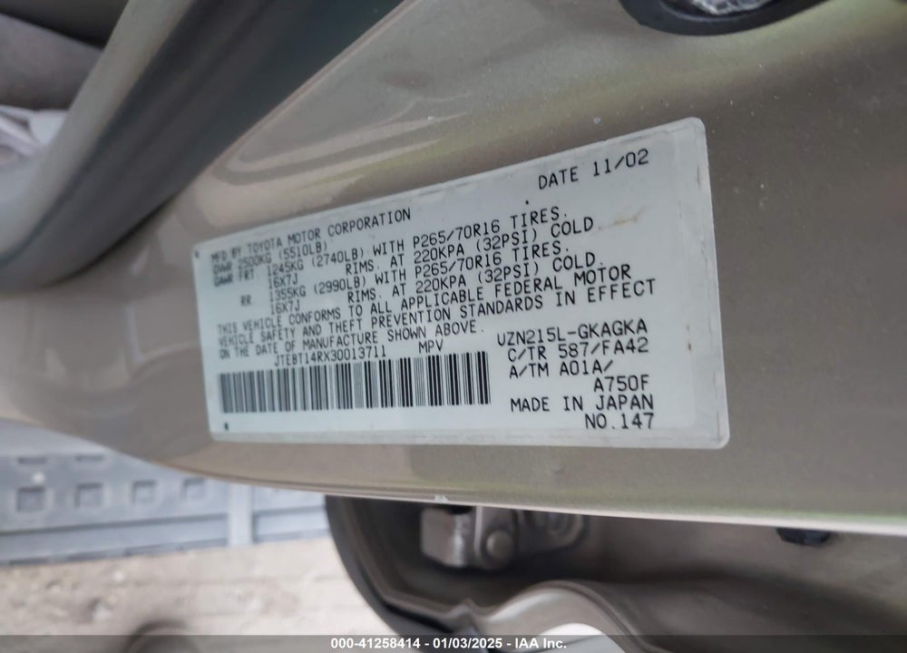 2003 TOYOTA 4RUNNER SR5 V8 VIN: JTEBT14RX30013711