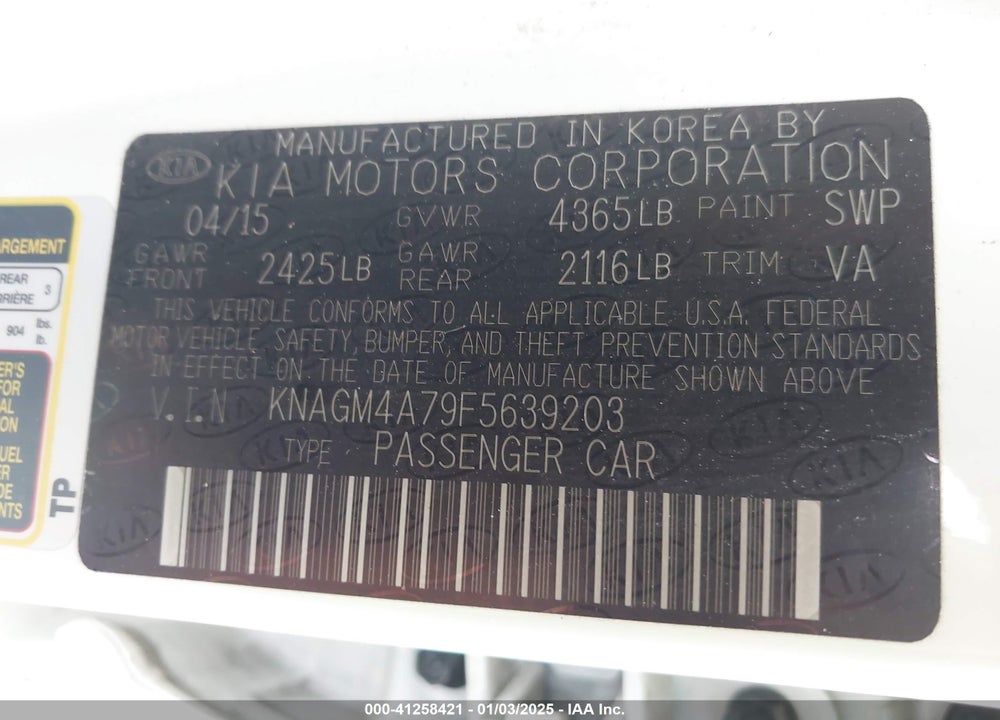 2015 KIA OPTIMA VIN: KNAGM4A79F5639203