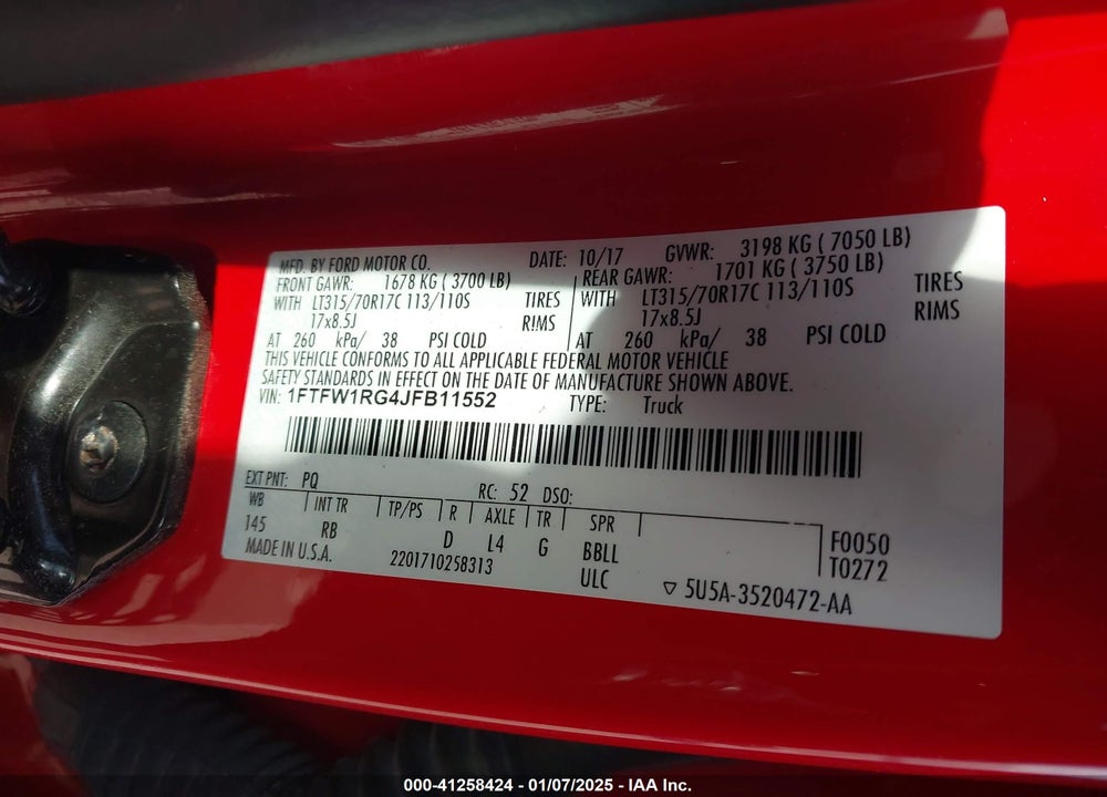 2018 FORD F-150 VIN: 1FTFW1RG4JFB11552