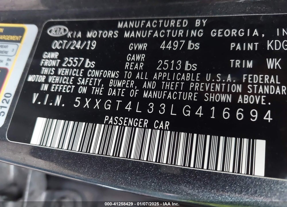 2020 KIA OPTIMA VIN: 5XXGT4L33LG416694