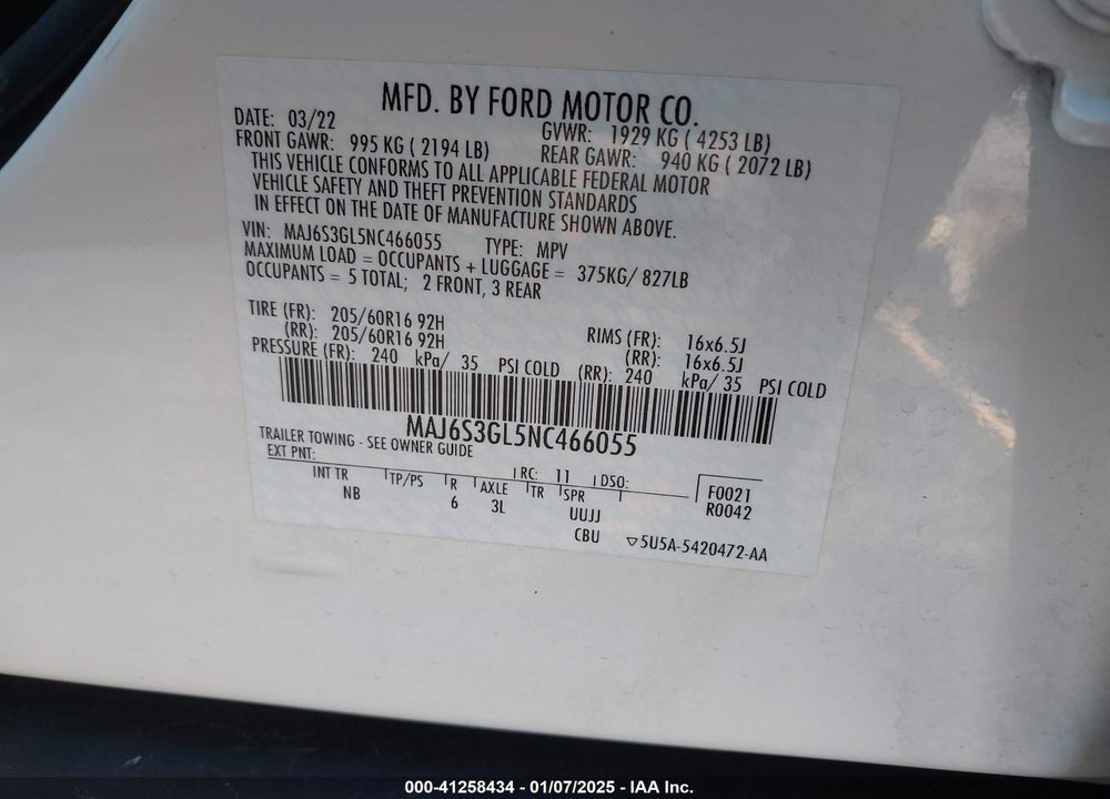 2022 FORD ECOSPORT SE VIN: MAJ6S3GL5NC466055
