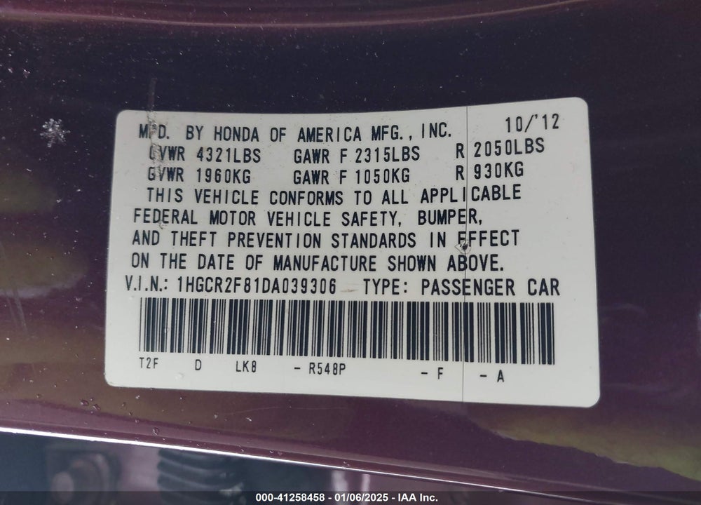 2013 HONDA ACCORD VIN: 1HGCR2F81DA039306
