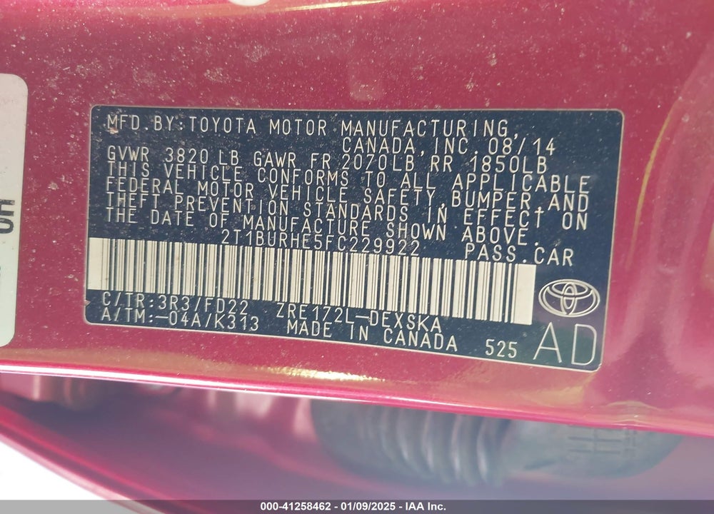 2015 TOYOTA COROLLA VIN: 2T1BURHE5FC229922