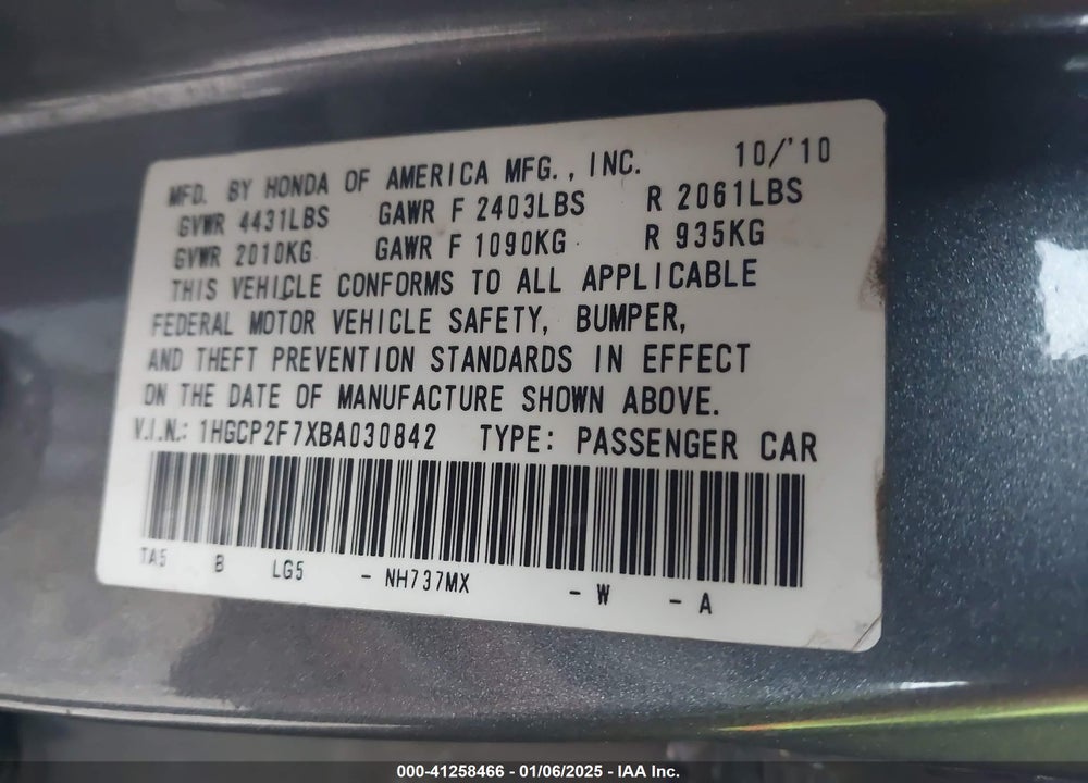 2011 HONDA ACCORD 2.4 EX VIN: 1HGCP2F7XBA030842