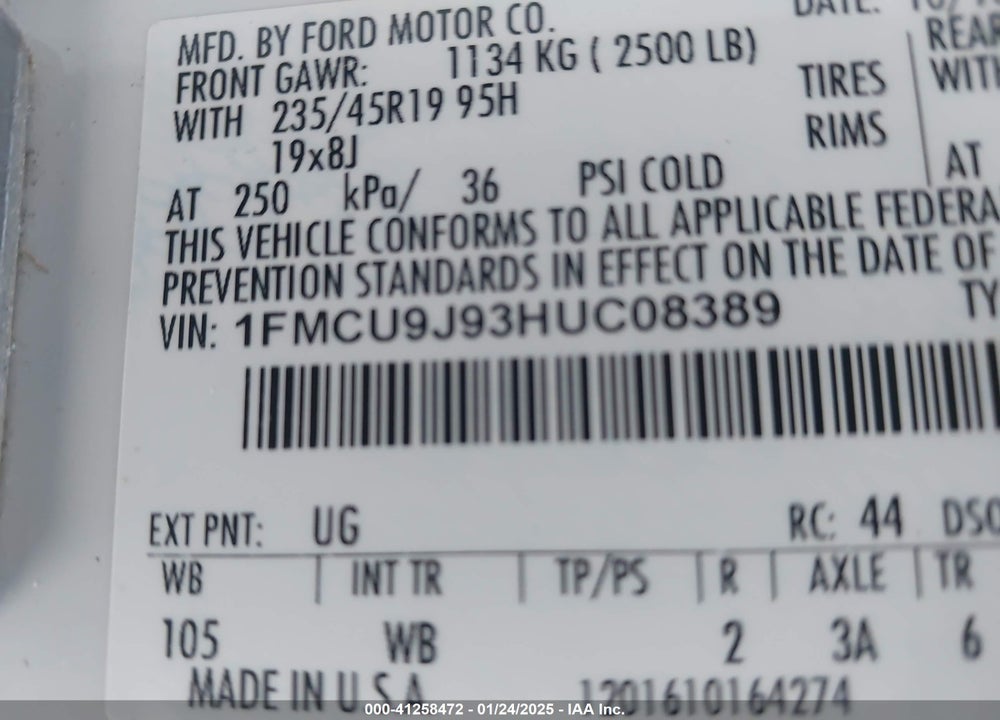 2017 FORD ESCAPE TITANIUM VIN: 1FMCU9J93HUC08389