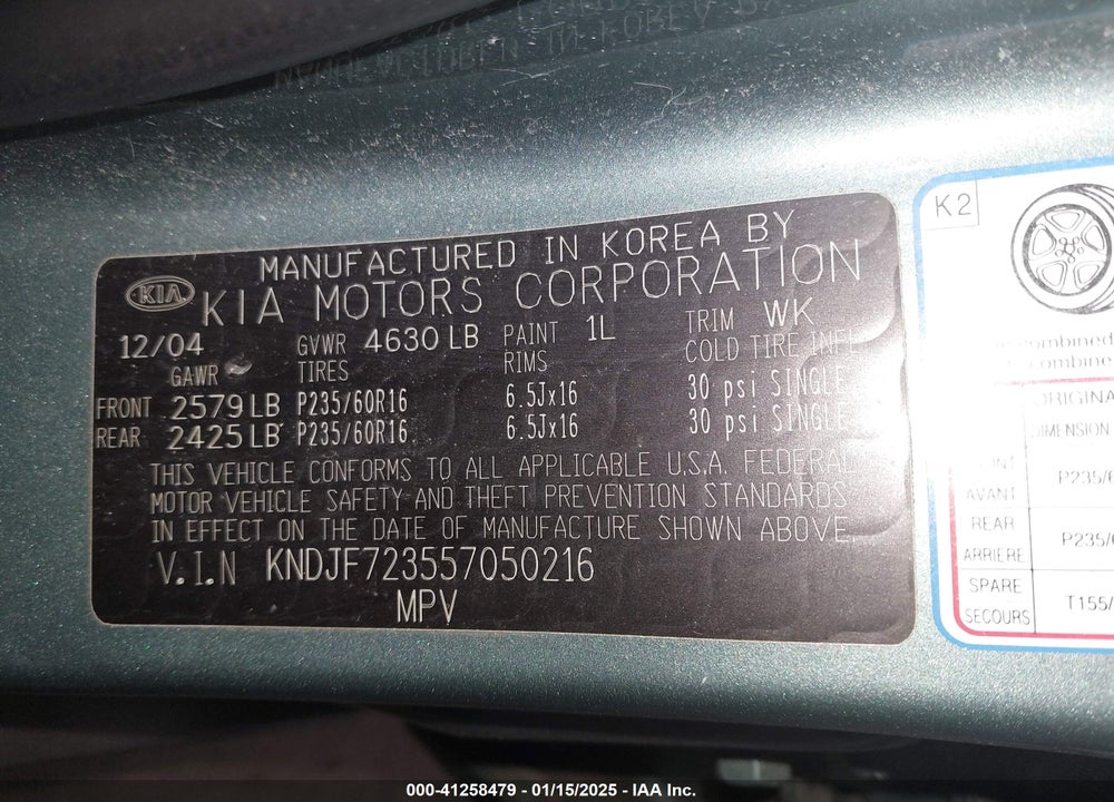 2005 KIA SPORTAGE EX V6/LX V6 VIN: KNDJF723557050216