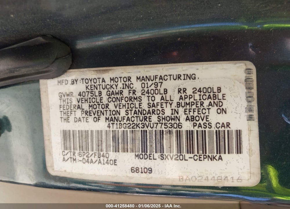 1997 TOYOTA CAMRY LE VIN: 4T1BG22K3VU775306