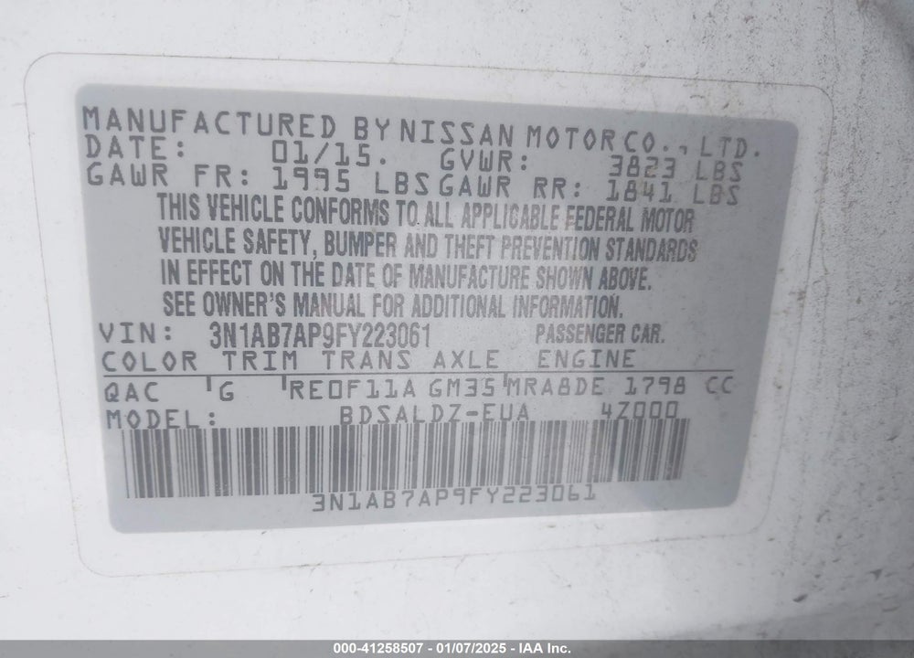 2015 NISSAN SENTRA VIN: 3N1AB7AP9FY223061
