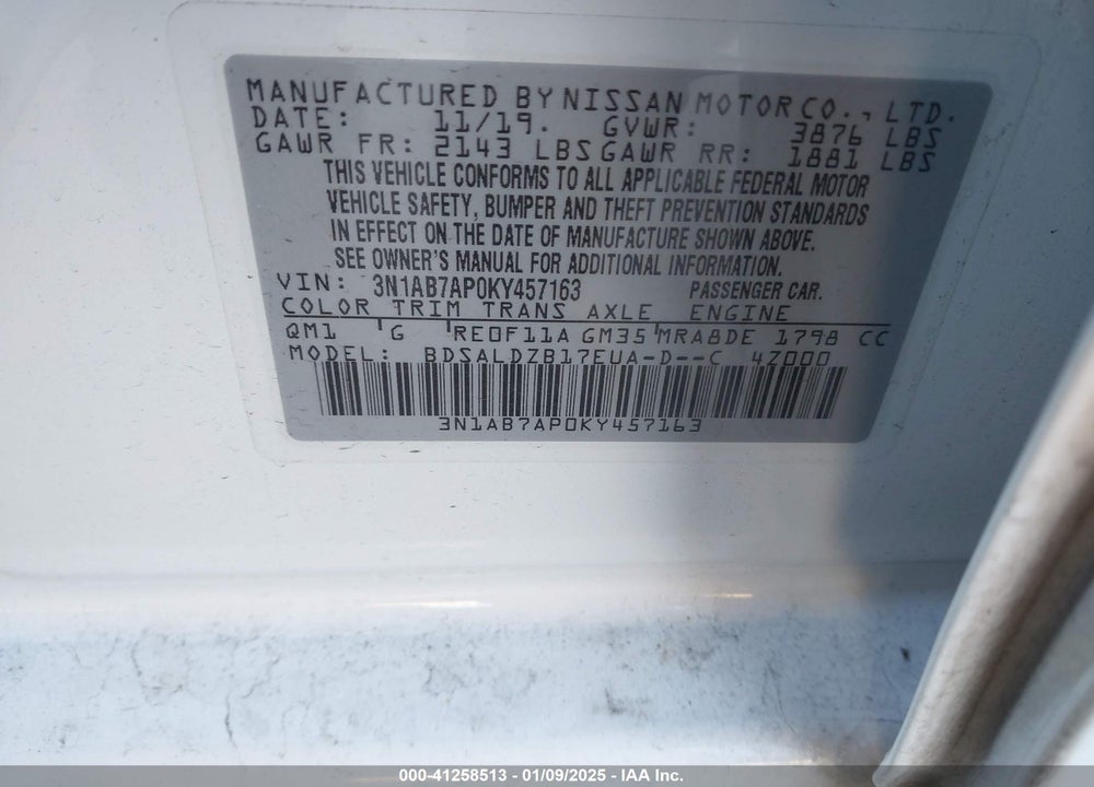 2019 NISSAN SENTRA VIN: 3N1AB7AP0KY457163