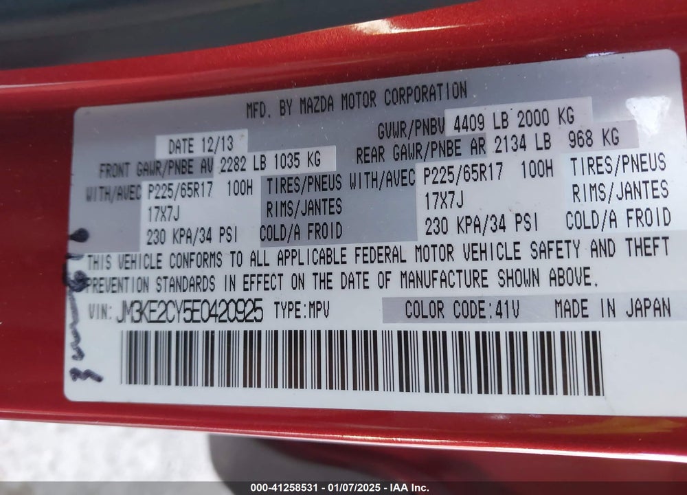 2014 MAZDA CX-5 TOURING VIN: JM3KE2CY5E0420925