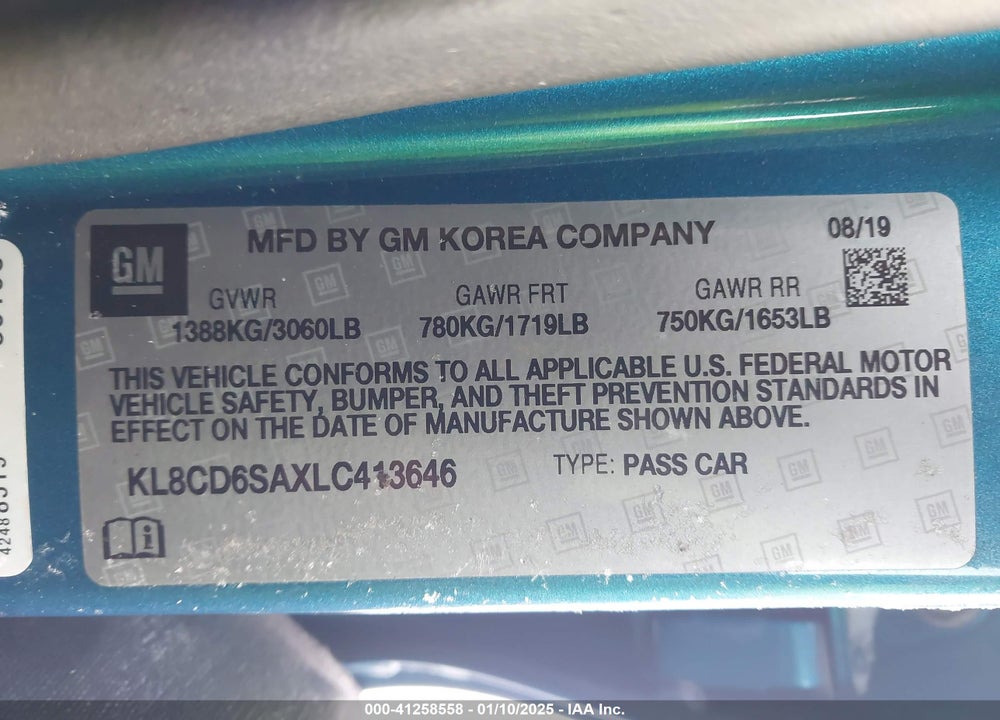 2020 CHEVROLET SPARK FWD 1LT AUTOMATIC VIN: KL8CD6SAXLC413646