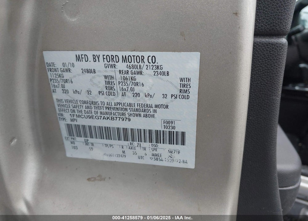2010 FORD ESCAPE LIMITED VIN: 1FMCU9EG7AKB77979