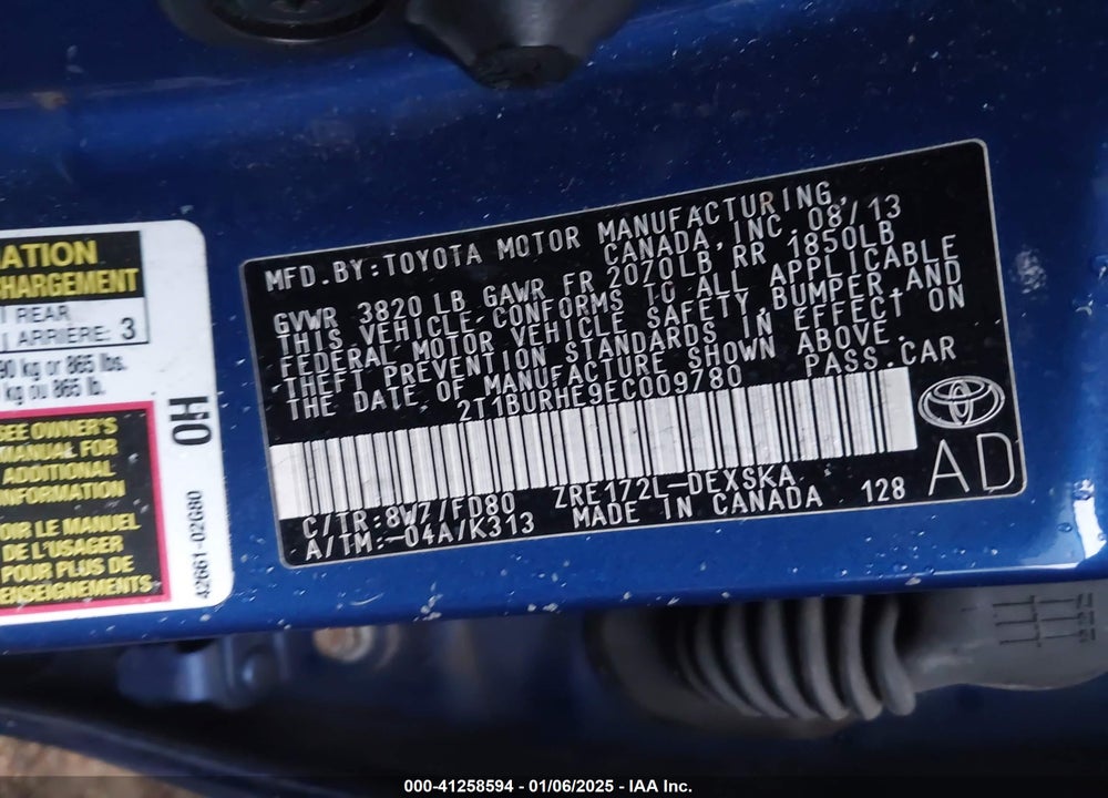 2014 TOYOTA COROLLA S PLUS VIN: 2T1BURHE9EC009780