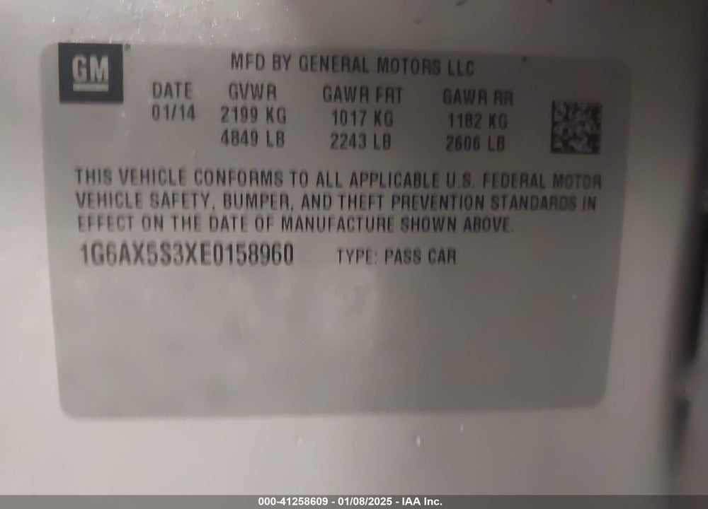 2014 CADILLAC CTS VIN: 1G6AX5S3XE0158960
