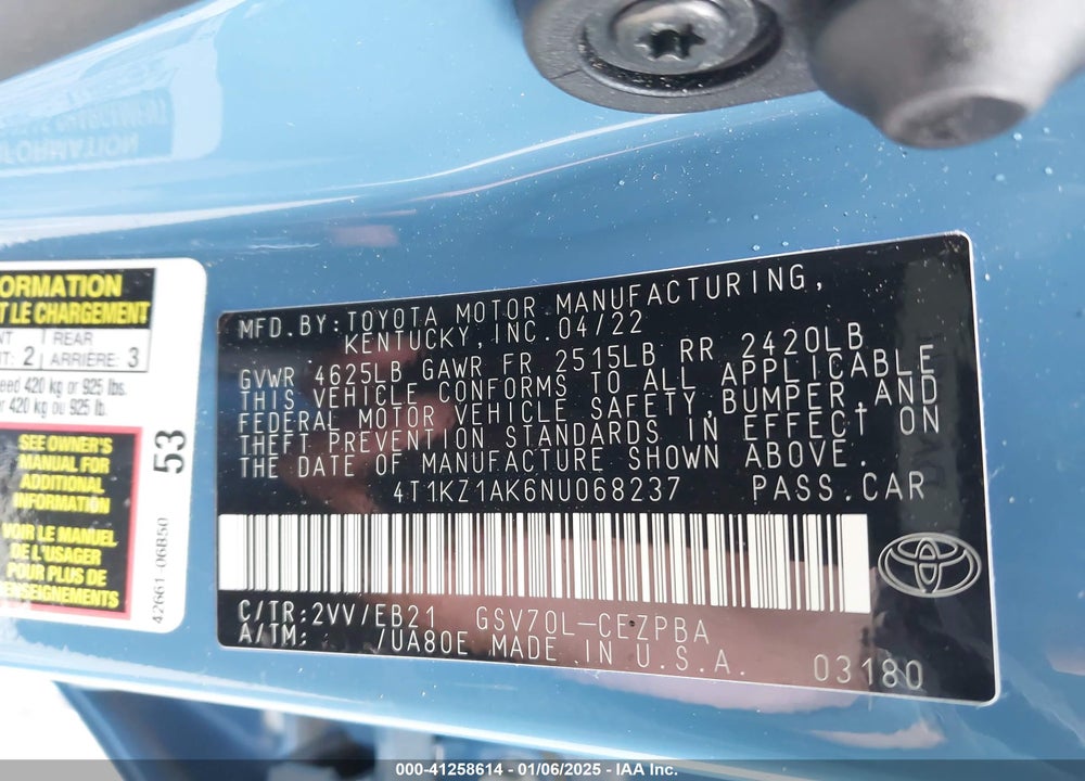 2022 TOYOTA CAMRY VIN: 4T1KZ1AK6NU068237
