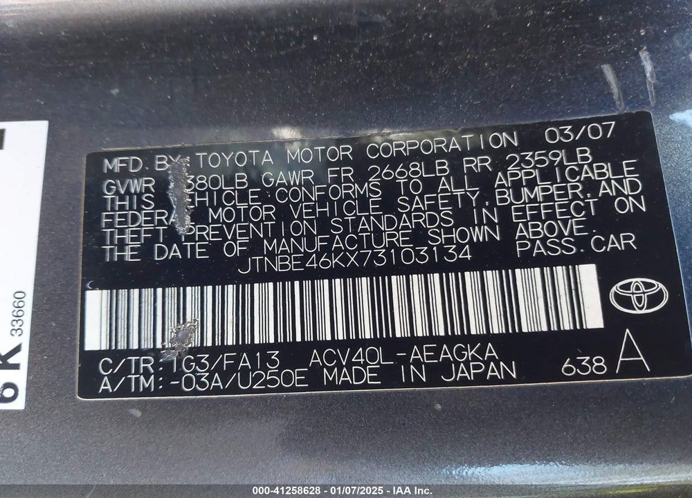 2007 TOYOTA CAMRY XLE VIN: JTNBE46KX73103134