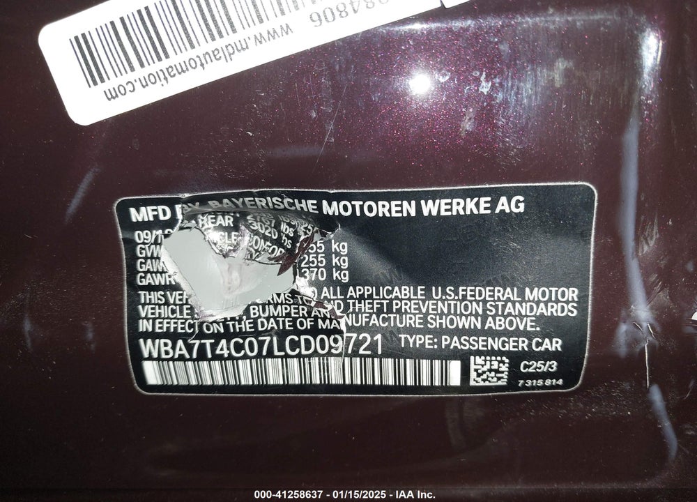 2020 BMW 740I VIN: WBA7T4C07LCD09721