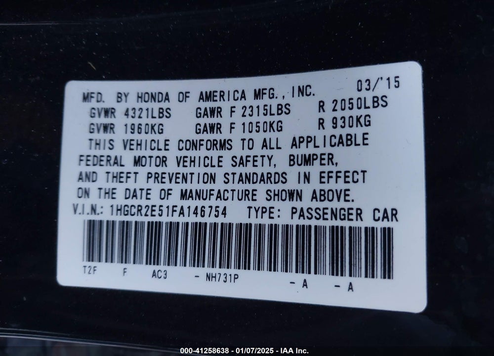 2015 HONDA ACCORD VIN: 1HGCR2E51FA146754