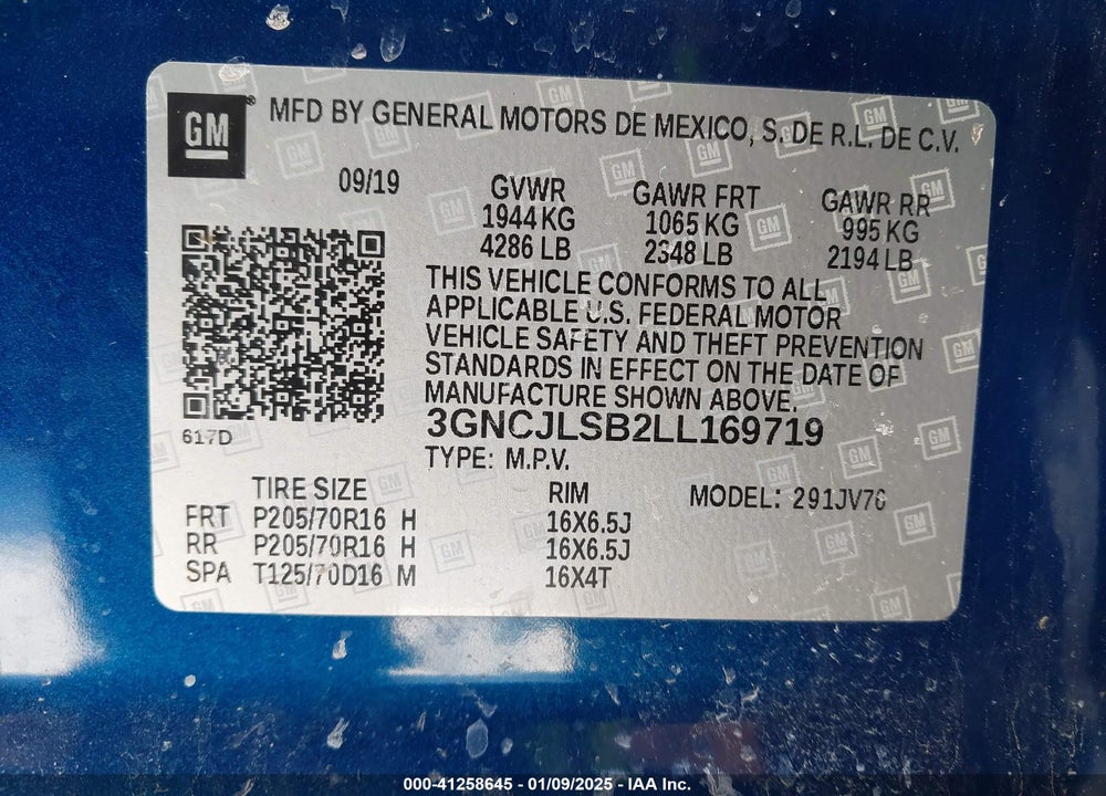 2020 CHEVROLET TRAX FWD LT VIN: 3GNCJLSB2LL169719