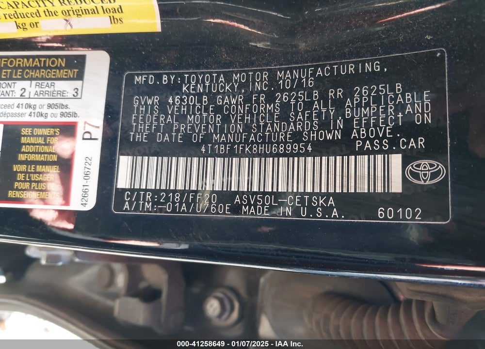 2017 TOYOTA CAMRY VIN: 4T1BF1FK8HU689954