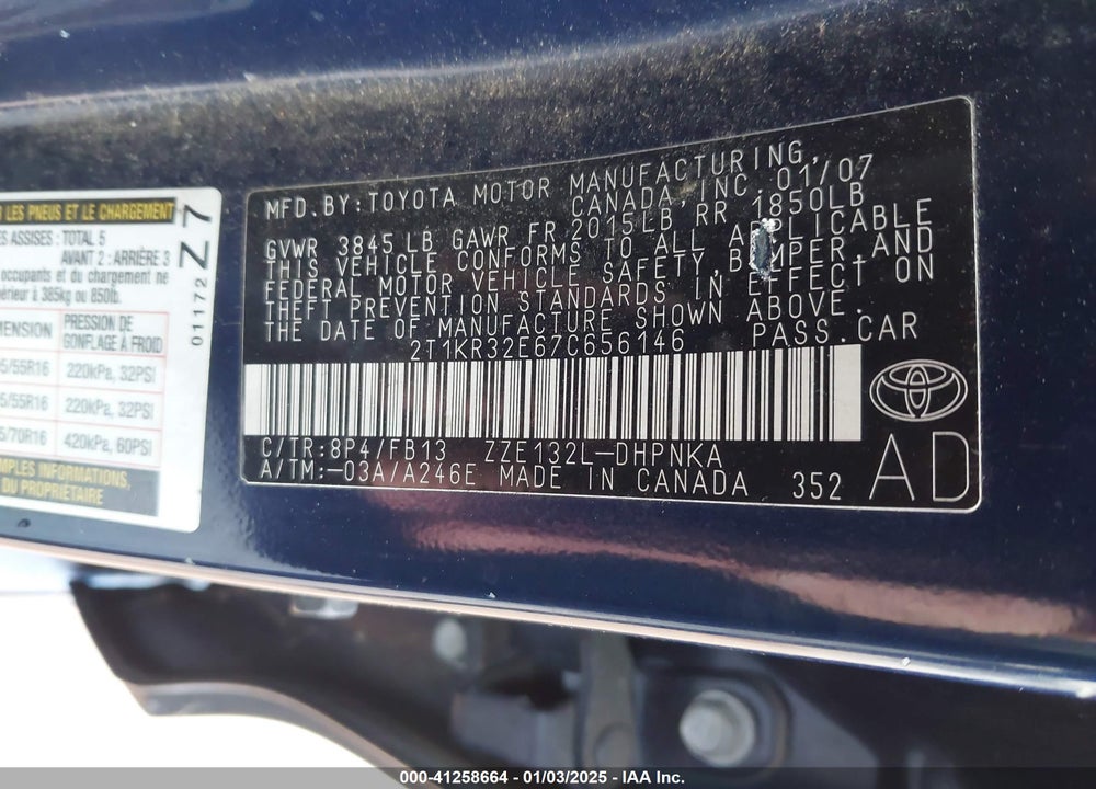2007 TOYOTA MATRIX/XR VIN: 2T1KR32E67C656146