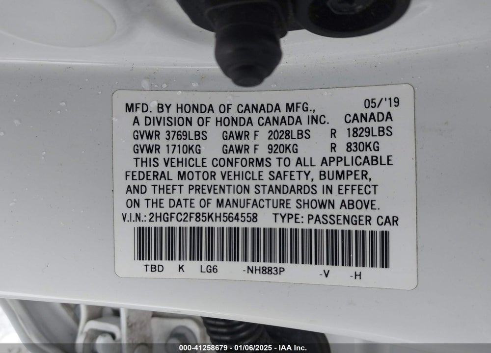 2019 HONDA CIVIC VIN: 2HGFC2F85KH564558